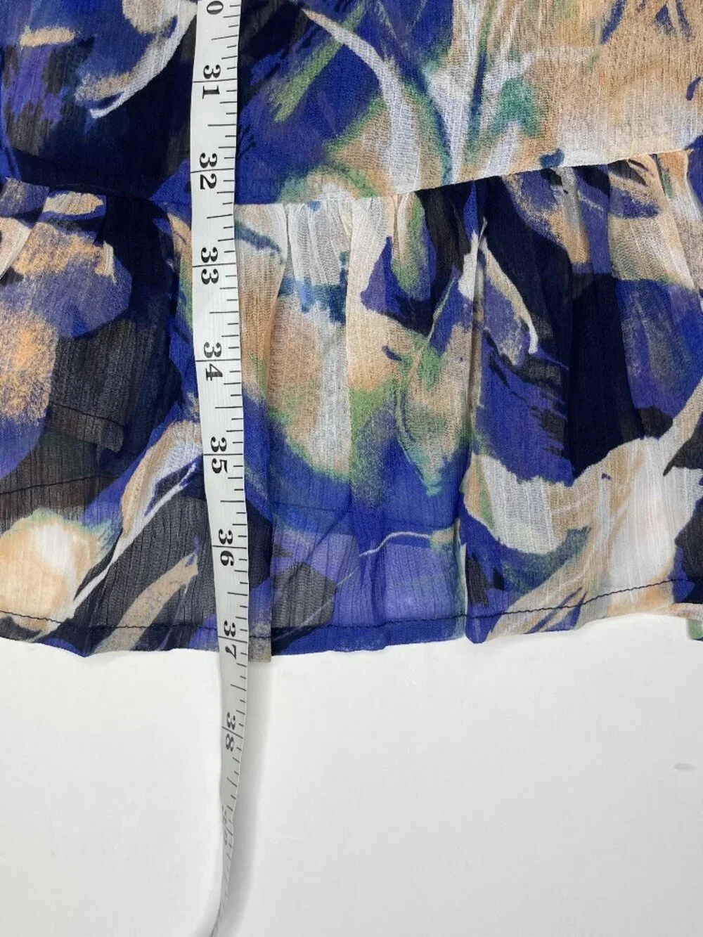 LOVESTITCH Boho Chiffon Halter Dress Blue Floral Surplice Wrap Flounce Trim L - Picture 12 of 15
